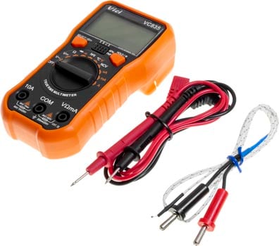 Photo of a mini multimeter with LCD display and included cables.