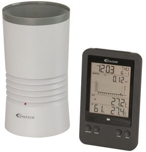 Photo of a digital rain gauge with temperature display.