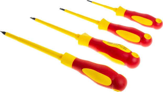 Photo of the flat blades from a set of 7 high voltage screwdrivers.