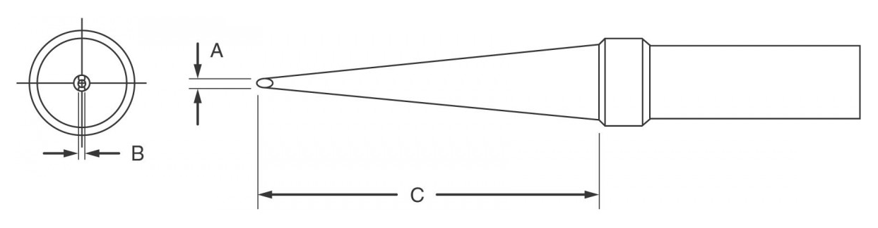 Technical illustration showing the dimensions of a Weller replacement tip.