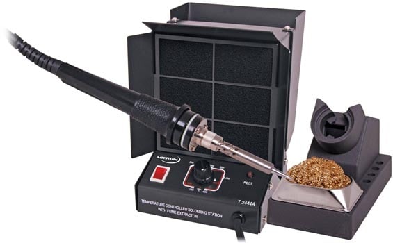 Photo of a 60W soldering iron and 240V fume extractor made of metal.