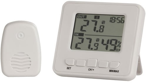 Photo of a wireless in and out thermometer and hygrometer.