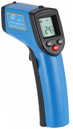 Photo of a Benetech GM321 infra-red thermometer with a laser aimpoint.