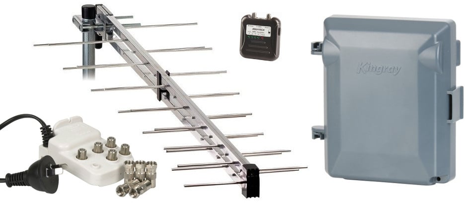 Collage - TV Antenna, amplifier and 4 way splitter amplifier
